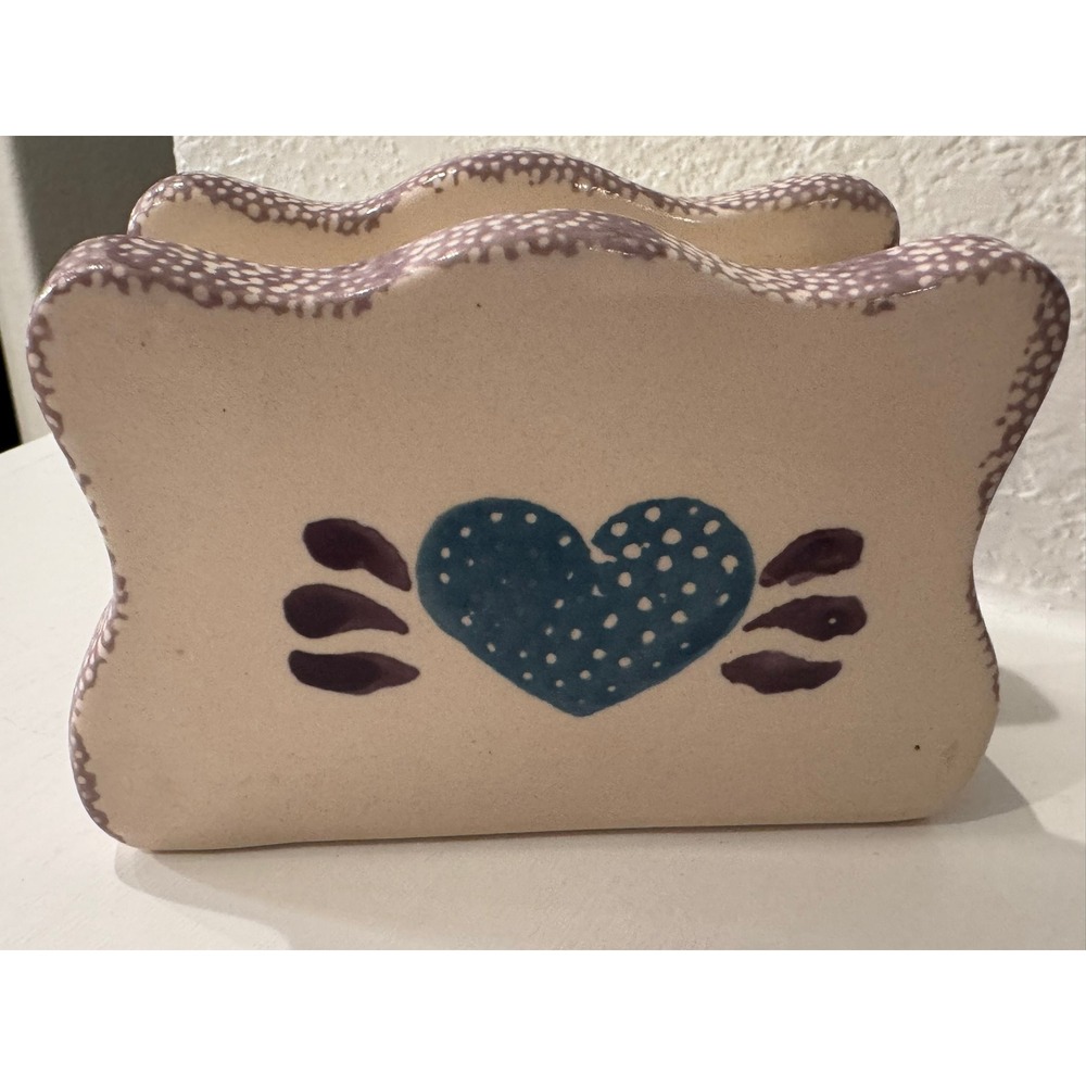 Vintage 1998 Hermitage Pottery Stoneware Napkin Holder Heart Blue Purple DX111